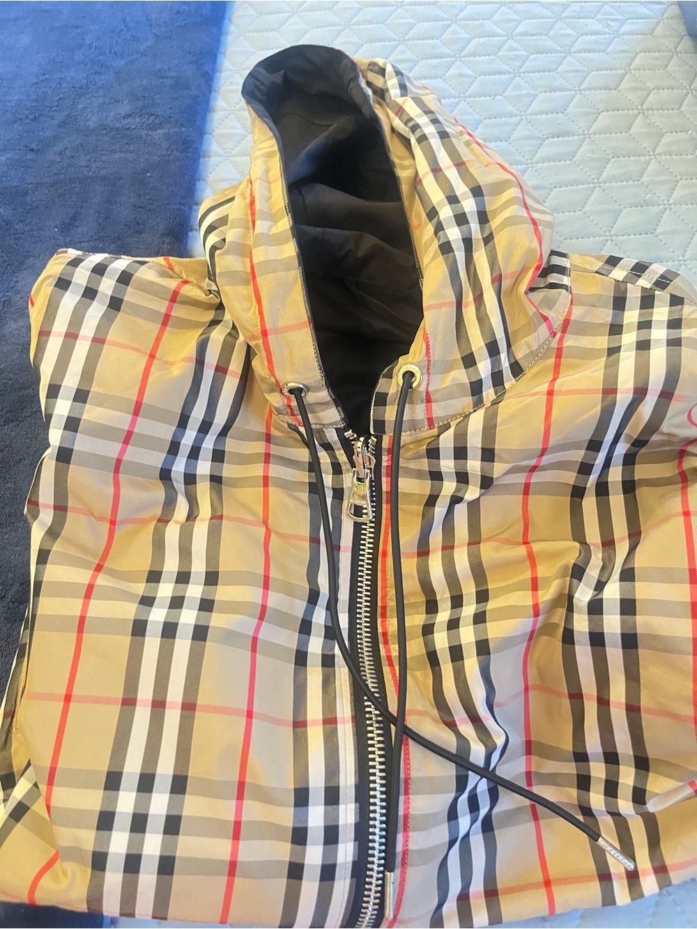 Authentic unisex Burberry spring jacket Hooded Plaid Jacket - Tan/Black/Red L